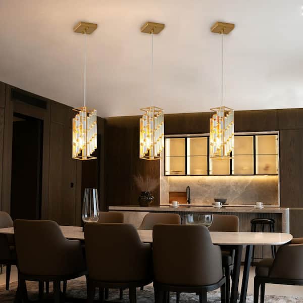 Modern 3 Pack 1-Light Golden Finish with Crystal Accents Cylinder Pendant Chandelier for Kitchen Island or Dining Room