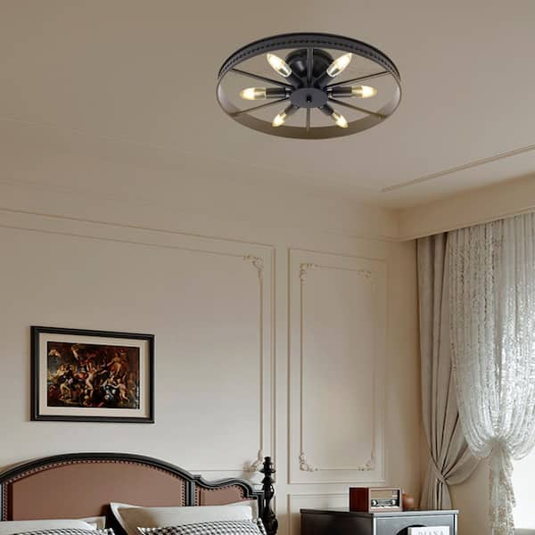 OUKANING 18 in. 6-Light Black Industrial Wagon Wheel Rustic Flush