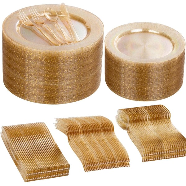 600-Piece Gold Glitter Disposable Dinnerware Set with 100 10-in Plates, 100 7-in Dessert Plates, and 400