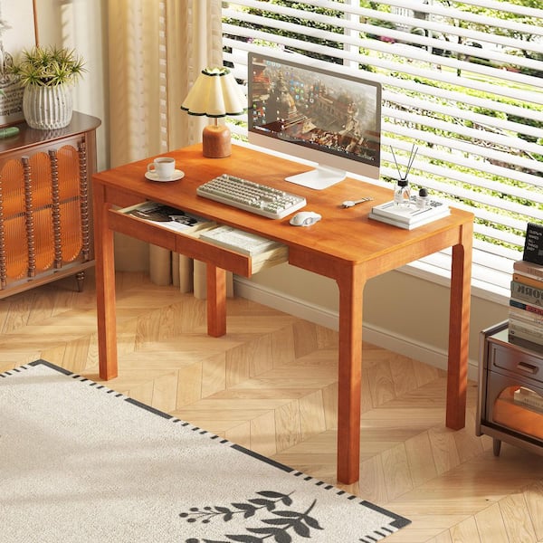 47.2 in. Rectangular Walnut Rubberwood 2-Drawer Desk with Built-in Storage and Rounded Corners