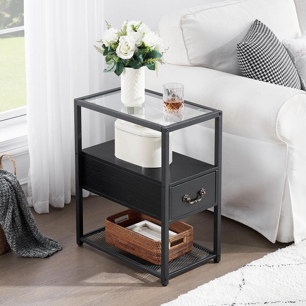 VECELO Black Wooden Side Table 1-Drawers & Open Shelf, Narrow ...