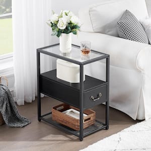Black Wooden Side Table 1-Drawers & Open Shelf, Narrow Nightstand Tempered Glass Top 19.7 in. L x 11 in. W x 23.6 in. H