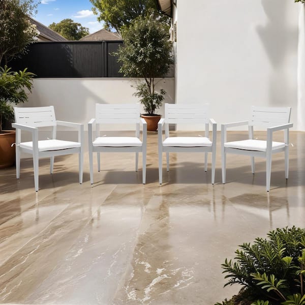 Mondawe Light Gray Aluminum Frame Outdoor Patio Ergonomic Dining Chair with White Cushions (4-Pack)