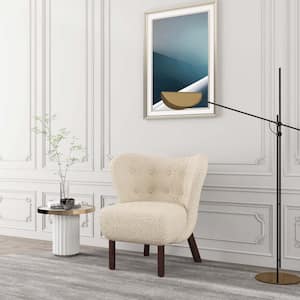 Beige Accent Chair Lambskin Sherpa Wingback Tufted Side Chair with Solid Wood Legs