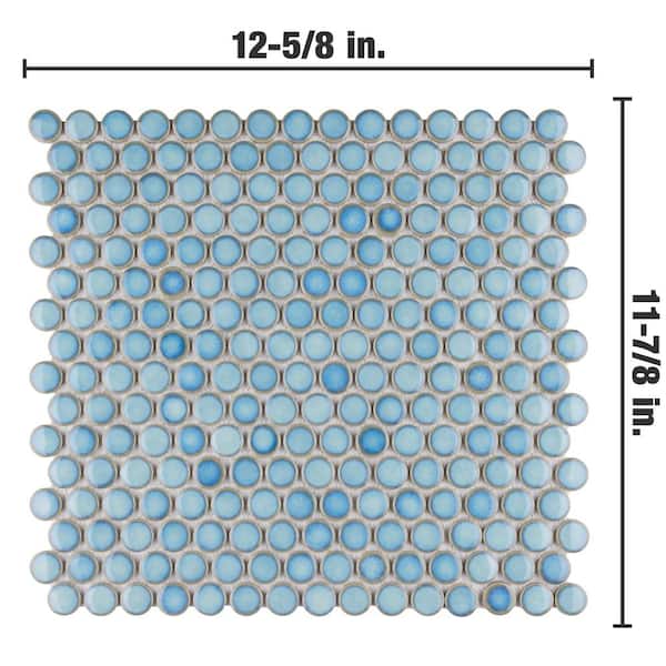 Merola Tile Hudson Penny Round Marine 12 in. x 12-5/8 in. x 5 mm Porcelain Mosaic Tile (10.74 sq. ft. / case) Merola Tile Hudson Penny Round Marine 12 in. x 12-5/8 in. x 5 mm Porcelain Mosaic Tile (10.74 sq. ft. / case)