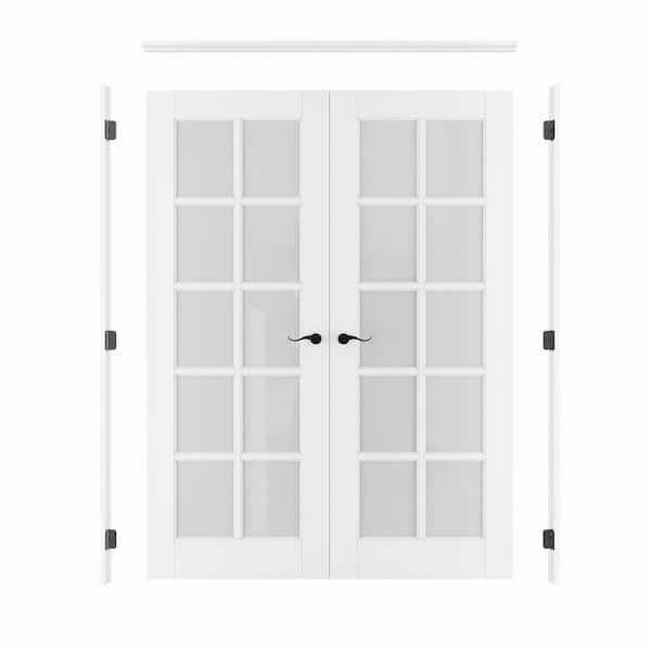 60 in. x80 in. 10-Lite Frosted Glass Universal White Solid Core Wood Double Prehung French Door Plus Quick Assemble Jamb