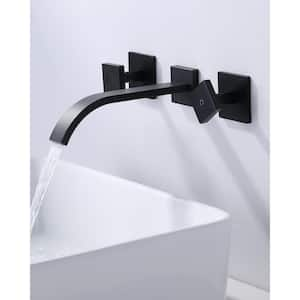 Solid Brass Double Handle Wall Mounted Waterfall Bathroom Faucet in Matte Black