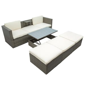 5-Piece Patio Furniture Set All-Weather Wicker Outdoor Conversation Set with Lift Top Coffee Table Beige