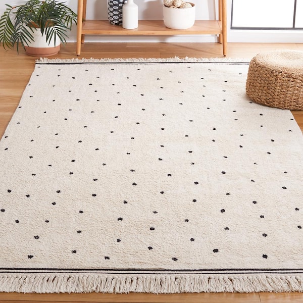 Easy Care Ivory/Black 8 ft. x 10 ft. Machine Washable Polka Dot Border Solid Color Area Rug