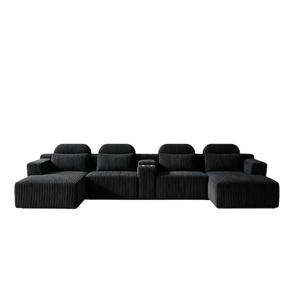 Black Velvet U-Shaped Sectional Sofa - 4-Piece Living Room Set with Chaise Lounge & Cup Holders