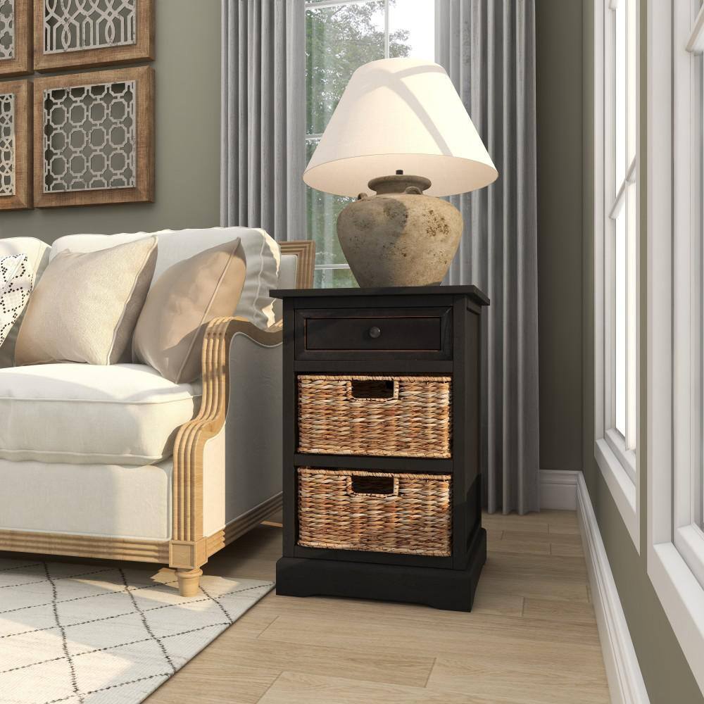 Black Pinewood Accent Table with Wicker Basket Drawers