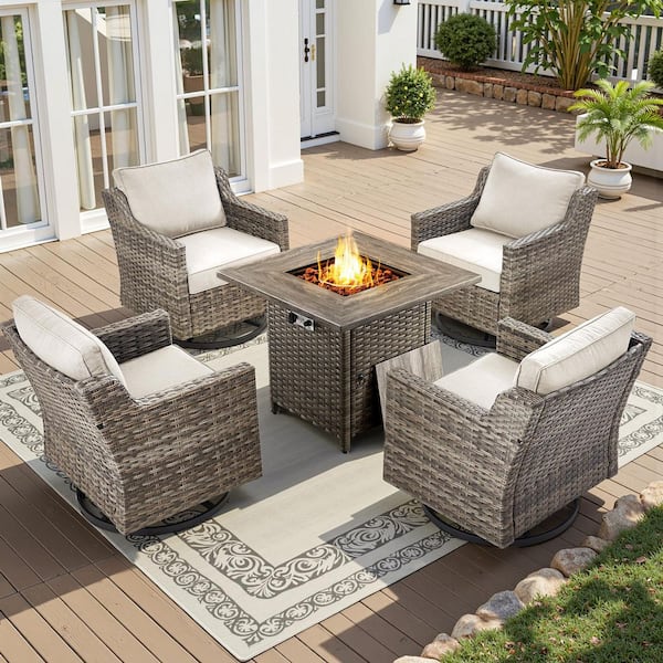 5-Piece Wicker Patio Rectangle Fire Pit Conversation Set with Beige Cushions and Swivel Chairs