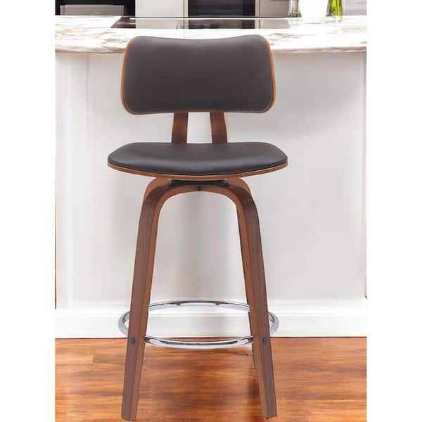 26 in. Brown Low Back Wood Counter Stool Faux Leather Seat