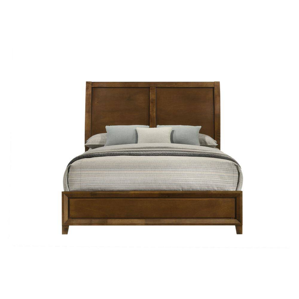 Front view of the Ballard walnut brown wood queen bed.