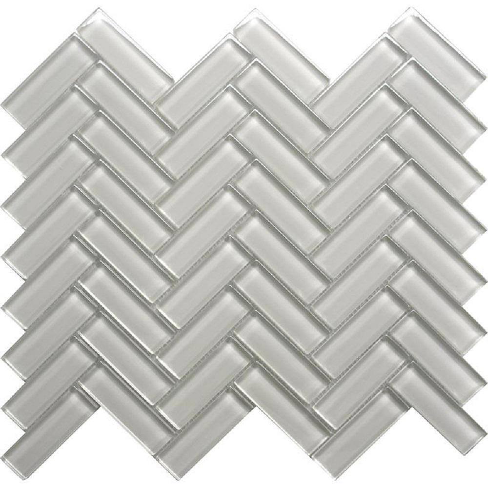 Beige Herringbone Polished Glass Mosaic Tile 11" x 12.6"