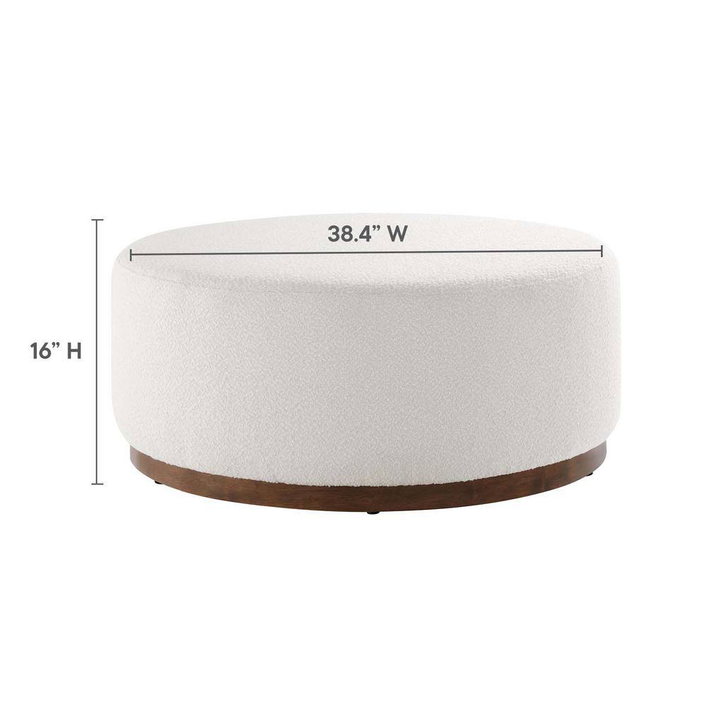 Tilden Large Round Off-White Boucle Upholstered Ottoman with Walnut Base