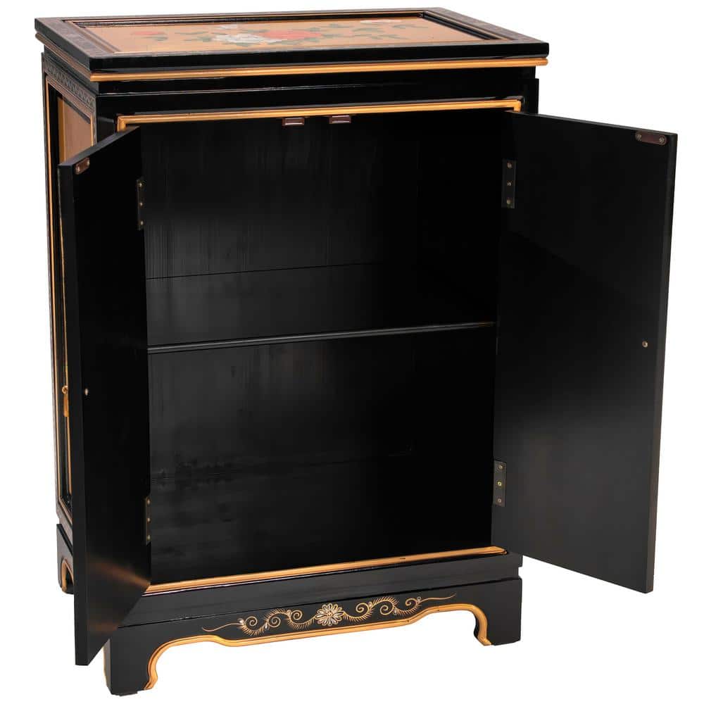 Gold Lacquered Wood Shoe Cabinet with Hand-Painted Garden Scene