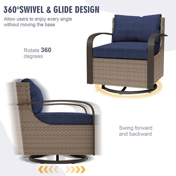Outdoor Patio Wicker Lounge Chair Swivel Rocking Chair with Blue Cushions