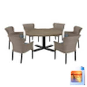 Devonwood Dark Brown 7-Piece Wicker Outdoor Dining Set with Performance Acrylics Classic Blue Cushions