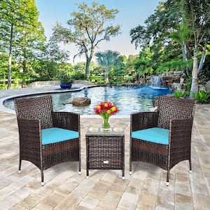 3-Piece PE Rattan Wicker Patio Conversation Set Outdoor Chairs and Coffee Table with Turquoise Cushion
