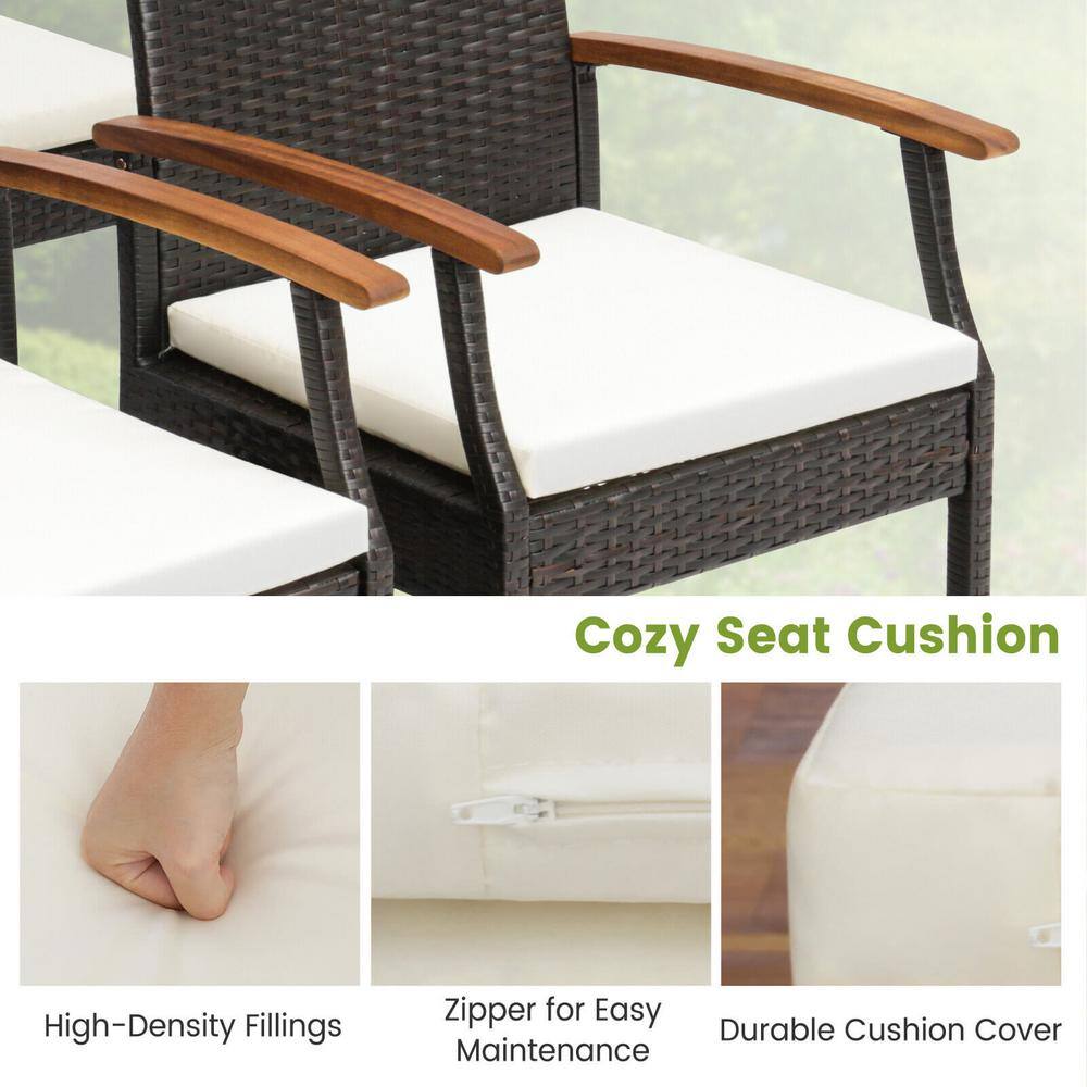 Set of 4 Brown Wicker Dining Chairs with Off-White Cushions