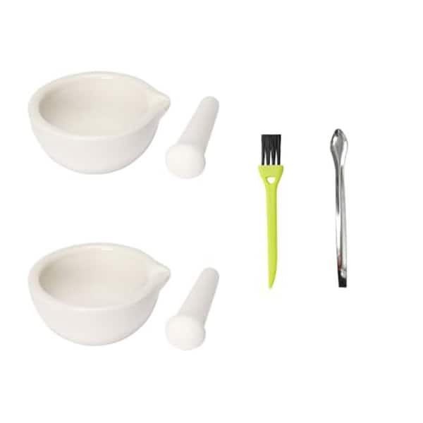 Ceramic Mortar and Pestle Set White Spice Mill Grinder Bowls Pill Crushers with Brush Spoon 2 Pieces