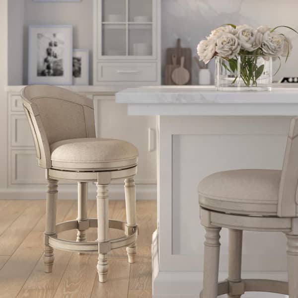 Emily 26 in. Grey Wood Barrel-Back Counter-Height Swivel Bar Stool with Linen Upholstered Seat and Back