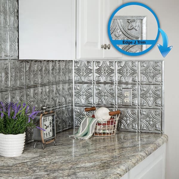 Fasade Crosshatch Silver 47 in. Vinyl Backsplash Accessory J-Trim