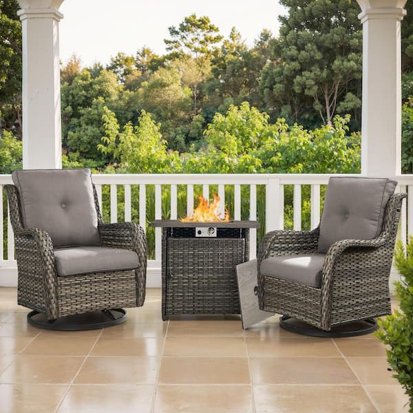 3-Piece Gray Wicker Outdoor Dining Set with Olefin Gray Cushions Fire Pit Sets with Swivel Gliders for Patio