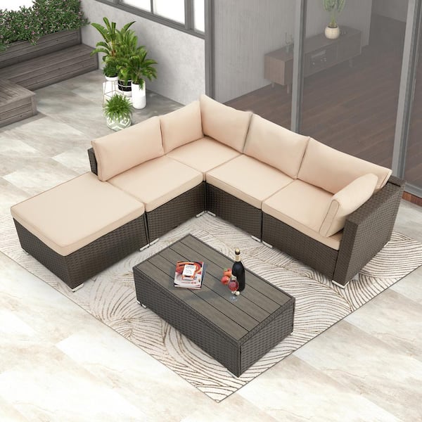 Unbranded 6-Piece All-Weather Dark Brown Rattan Wicker Outdoor Sofa Sectional Set with Khaki Cushions