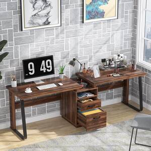 Cassey 94.5 in. Walnut 2-Person Desk Extra Long Double Computer Desk with Storage Shelves and 2-Drawer