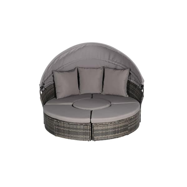 Gray Wicker Outdoor Patio Round Day Bed with Dark Gray Cushions and Retractable Canopy and Storable Table for Leisure