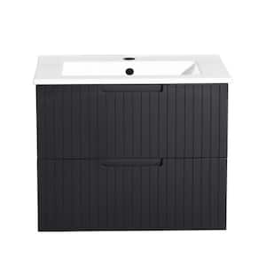 24 in. Floating Bath Vanity Cabinet in Black with White Ceramic Sink Top Combo Set & 2 Large Drawers