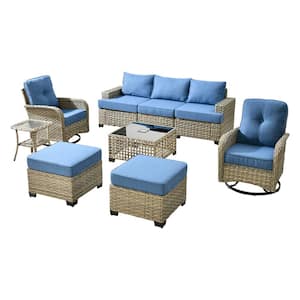 Torino Gray 9-Piece Modern Wicker Patio Conversation Deep Seating Set with Swivel Rocking Chairs and Blue Cushions