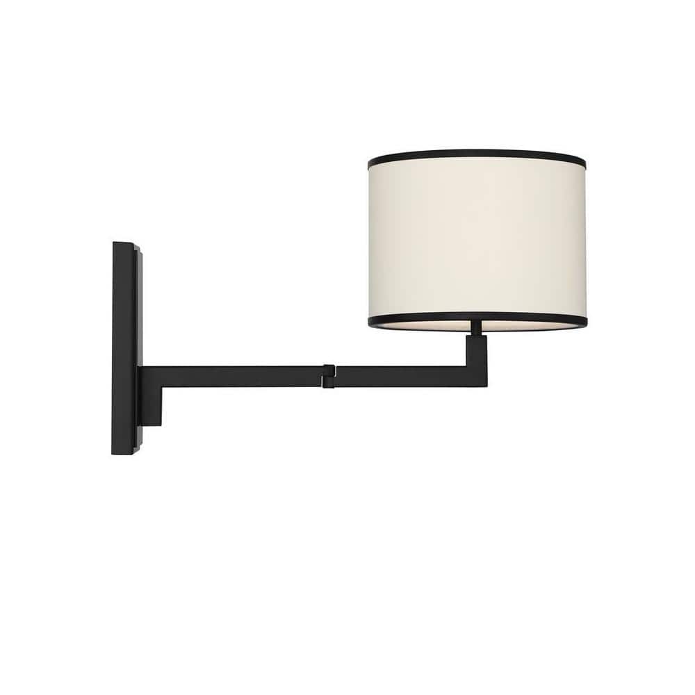 Matte Black Iron Swing Arm Wall Sconce with Silk Shade