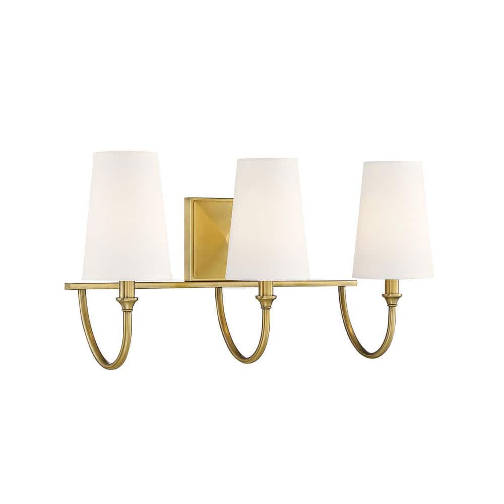 Warm Brass 12" Tall Curved Arm Vanity Light with White Fabric Shades