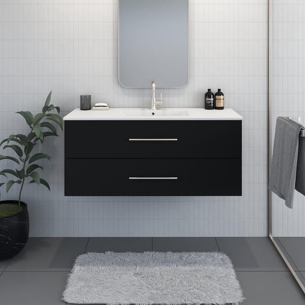 VOLPA USA AMERICAN CRAFTED VANITIES Napa 48 in. W. x 18 in. D Single Sink Bathroom Vanity Wall Mounted in Matte Black with Ceramic Integrated Countertop