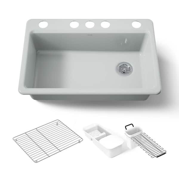 KOHLER Riverby Undermount Cast-Iron 33 in. 5-Hole Single Bowl Kitchen Sink Kit with Accessories in Ice Grey