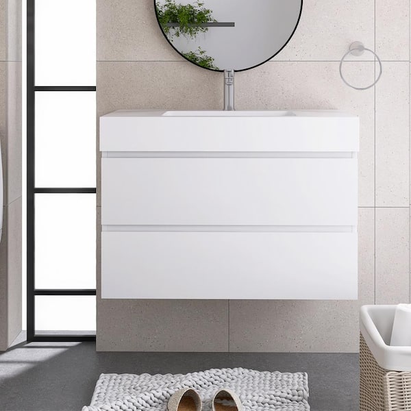 Staykiwi 36 in. W. x 18 in. D x 25.2 in. H Single Sink Floating Bath Vanity in White with White Solid Surface Top