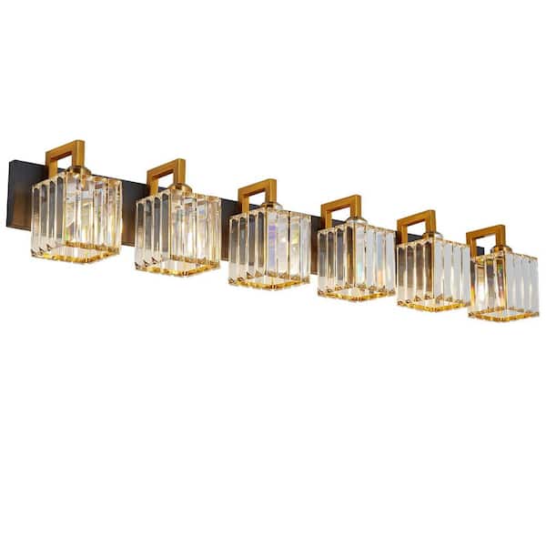 Home Lighting 44.09 in. 6-Light BlackGold Crooked Crystal Vanity Light for Bathroom, No Bulbs Included