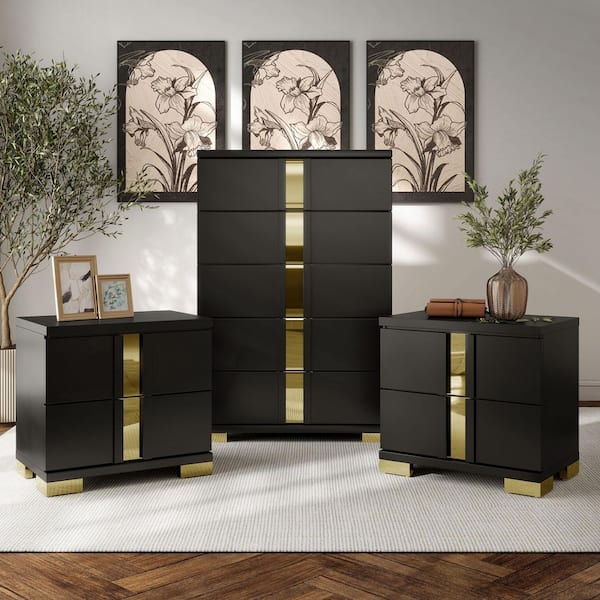 Furniture of America Nina 3-Piece Modern Black 4-Drawer Set of 2 Nightstands  and Chest with Gold Trim IDFN7217BK-2NSC - The Home Depot