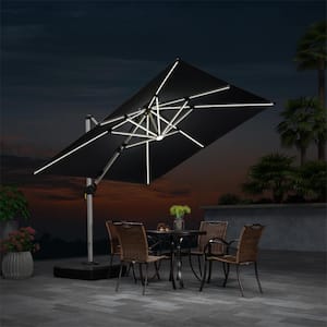 9 ft. Square Aluminum Solar Powered LED Patio Cantilever Offset Umbrella with Base, Gray