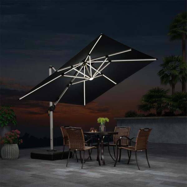 PURPLE LEAF 9 ft. Square Aluminum Solar Powered LED Patio Cantilever Offset Umbrella with Base, Gray