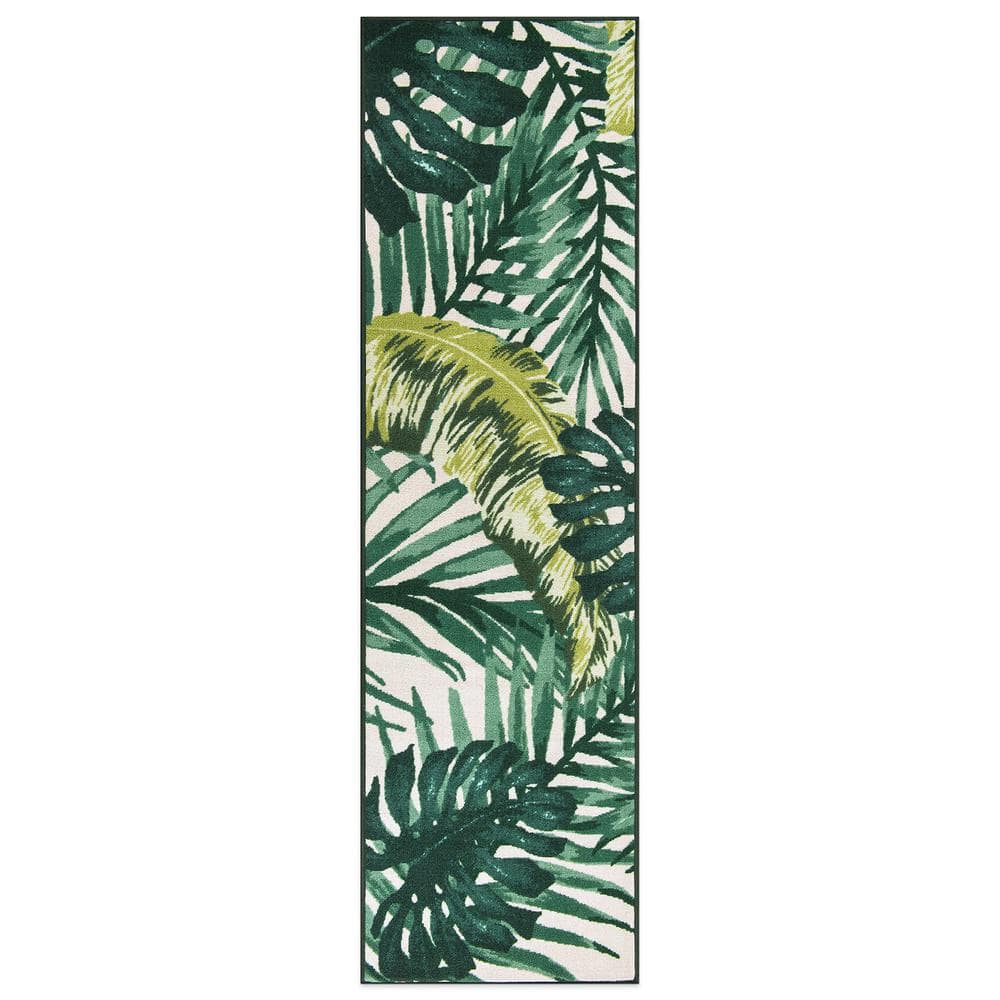 Green and Yellow Tropical Floral Non-Slip Synthetic Runner Rug
