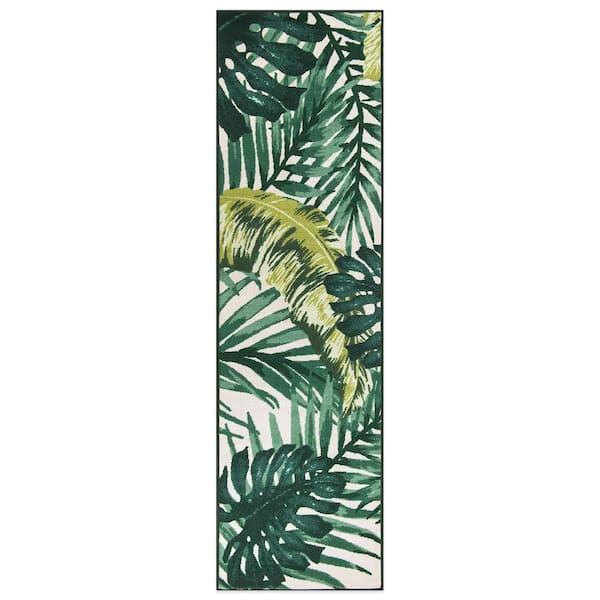 Contemporary Tropical Green 2 ft. x 7 ft. Floral Leaves Non Slip Runner Rug