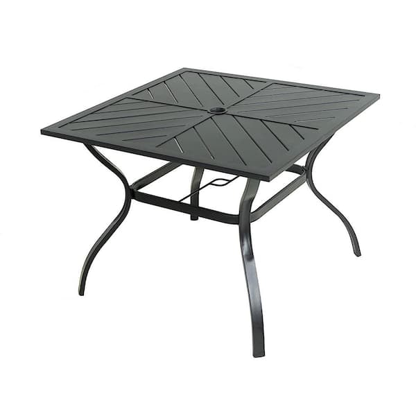 Zeus & Ruta 37 in. x 37 in. Outdoor Dining Table, Patio Metal Steel Frame Square Table with 2.25 in. Umbrella Hole, Black