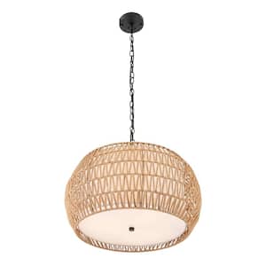 18.89 in. 40-Watt 3-Light Brown Linen Color Pendant-Light with Woven Shade, No Bulbs Included