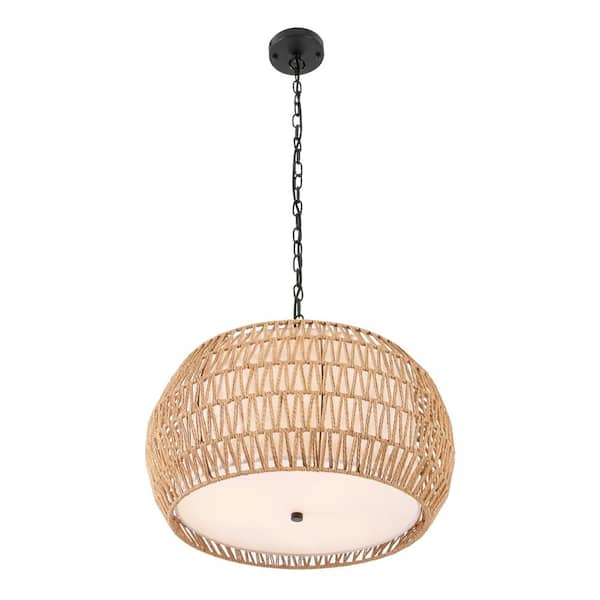 OUKANING 18.89 in. 40-Watt 3-Light Brown Linen Color Pendant-Light with Woven Shade, No Bulbs Included
