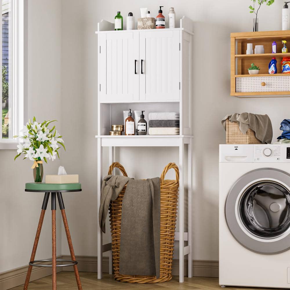 White Matte Freestanding Over-the-Toilet Storage Cabinet with Adjustable Shelves