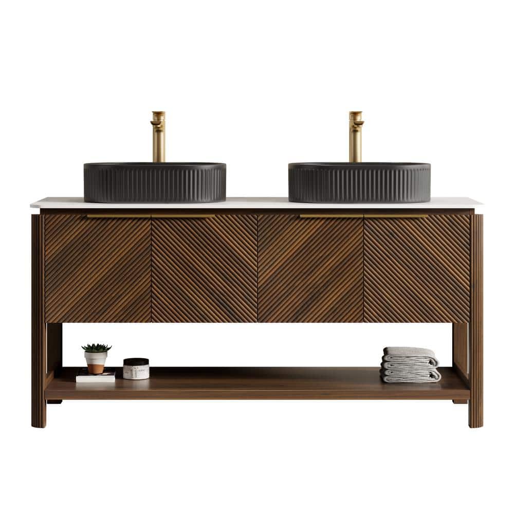 60 in. Freestanding Dark Walnut Bath Vanity with Carrara White Sintered Stone Top and 2 Black Oval Ceramic Basins price history on PriceWatchPro